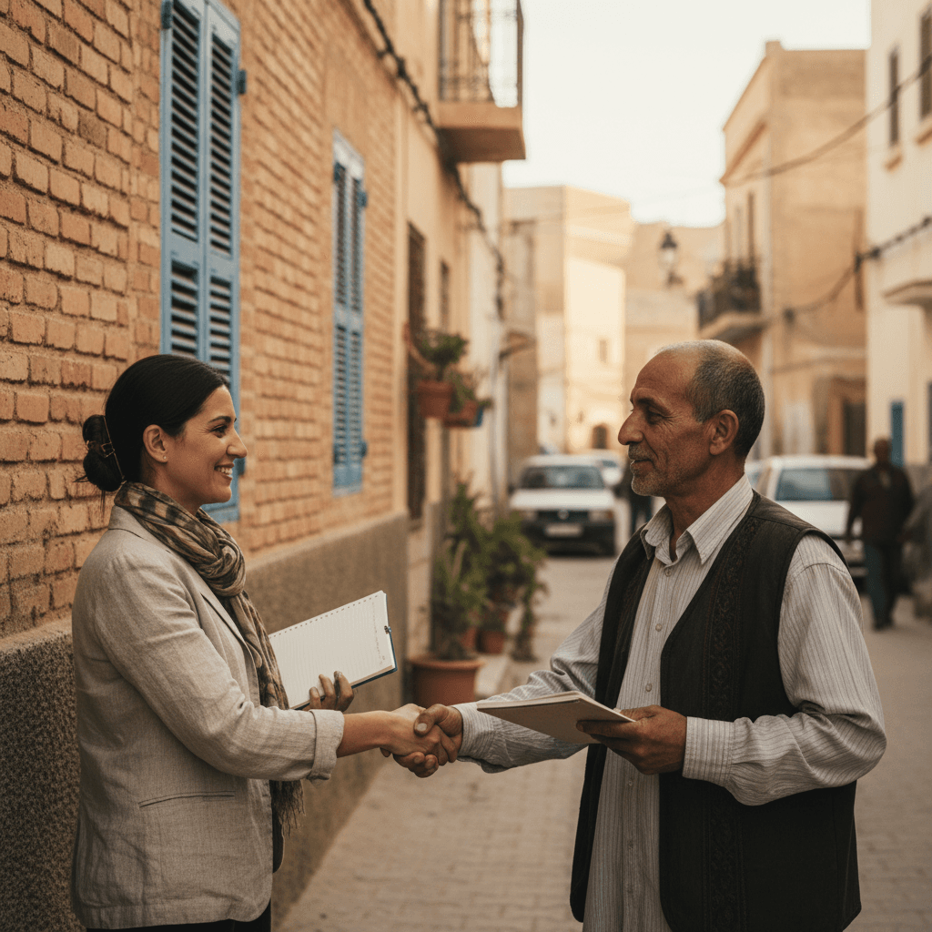 وكيل عقاري وصاحب منزل يتصافحان أمام مبنى سكني
