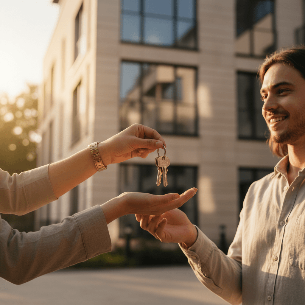 تسليم مفاتيح شقة لزبون أمام مبنى سكني في برج بوعريريج