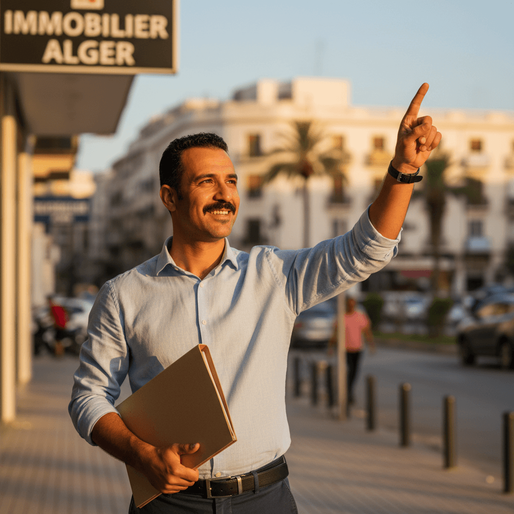 وكيل عقاري يقف مبتسمًا خارج مكتبه حاملًا ملفًا