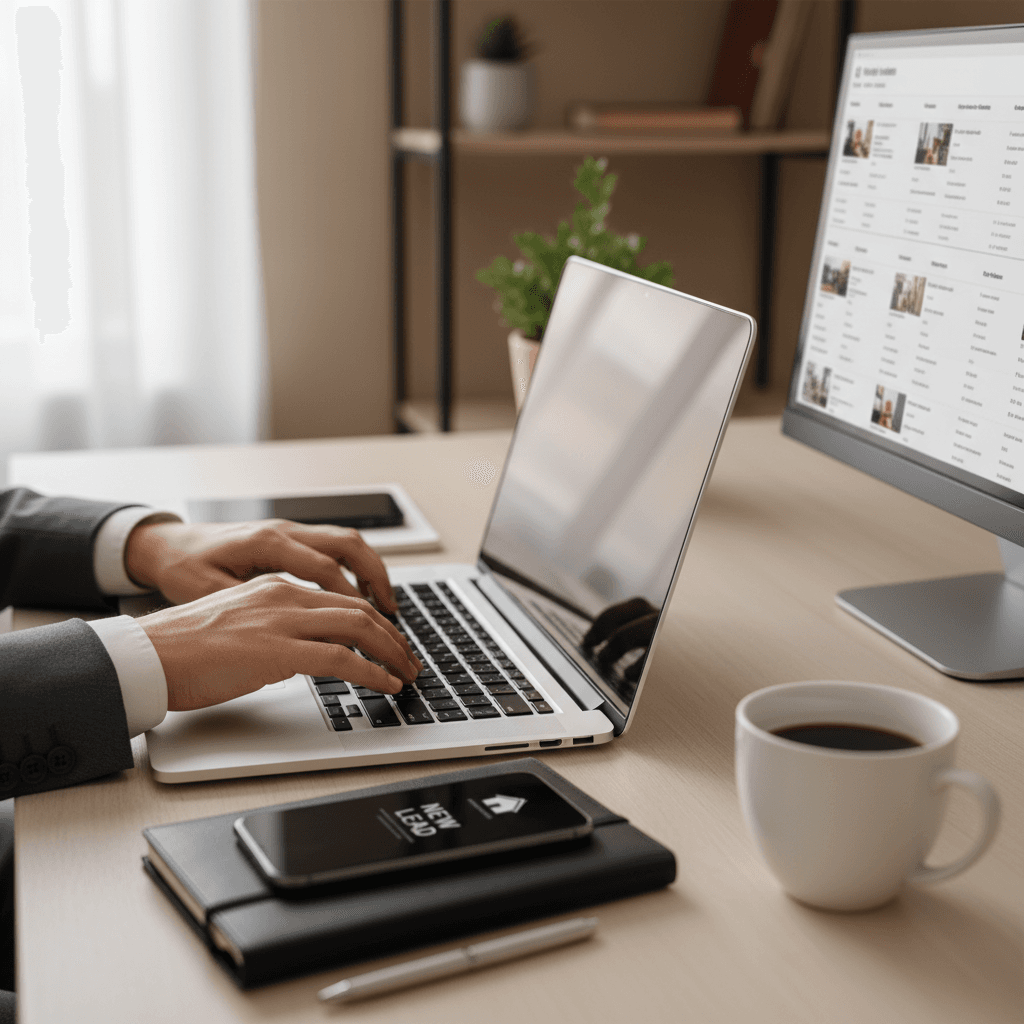 إعلان عقاري على شاشة حاسوب محمول مع فنجان قهوة